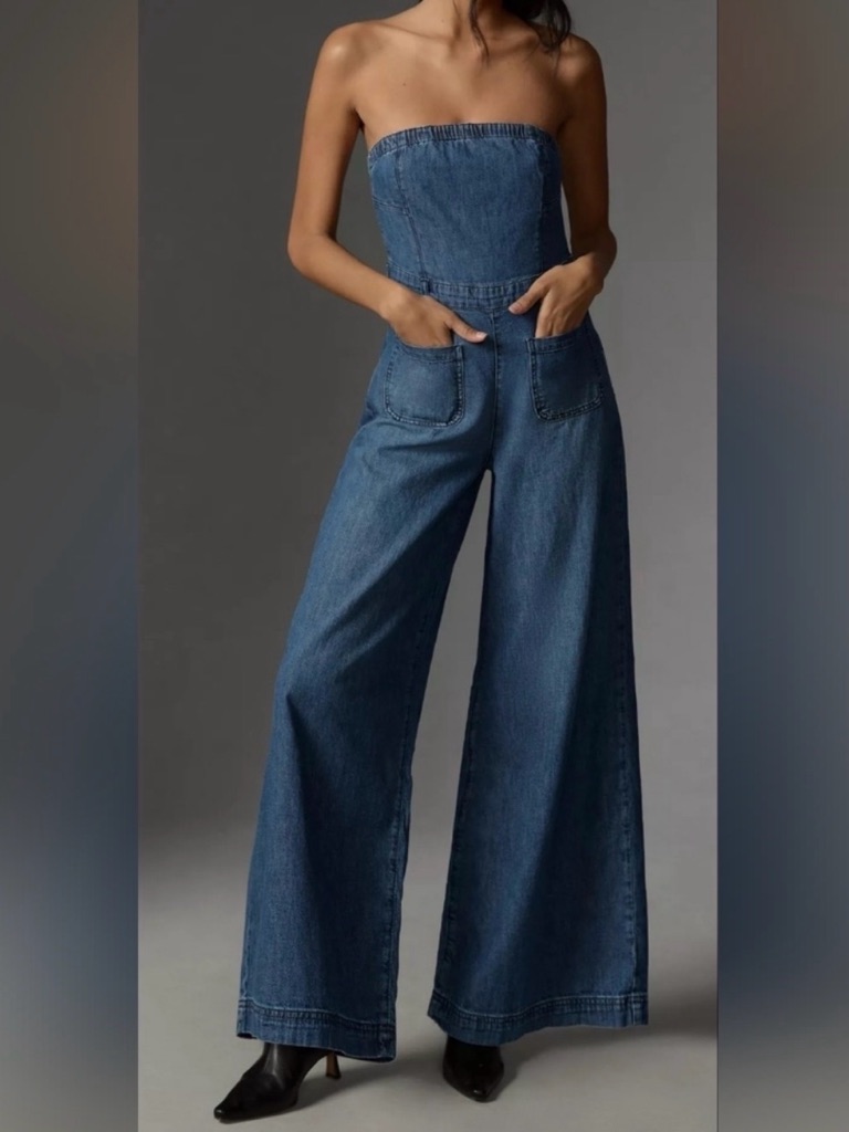 Pilcro Strapless Wide-Leg Denim Jumpsuit - Blue